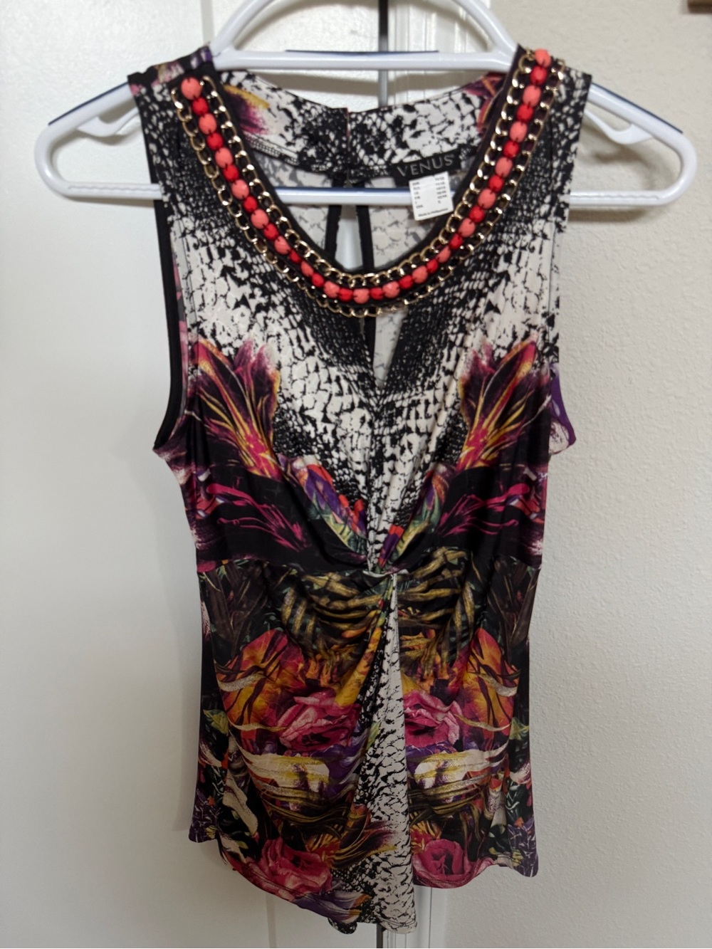 VENUS Jeweled Twist-Front Floral Tank Top - Black, Coral & Purple